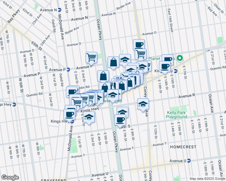 map of restaurants, bars, coffee shops, grocery stores, and more near 1729 Ocean Parkway in Brooklyn