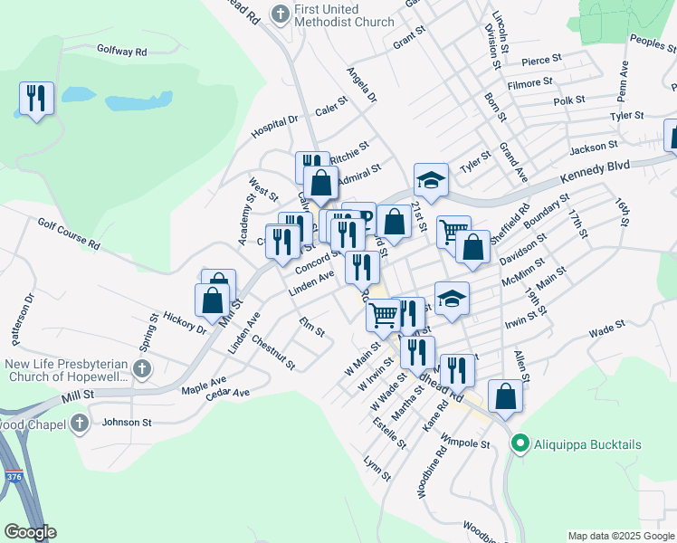 map of restaurants, bars, coffee shops, grocery stores, and more near 838 Plum Street in Aliquippa