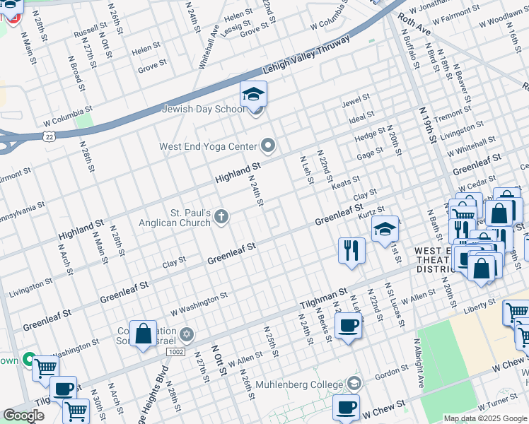 map of restaurants, bars, coffee shops, grocery stores, and more near 937 North 24th Street in Allentown