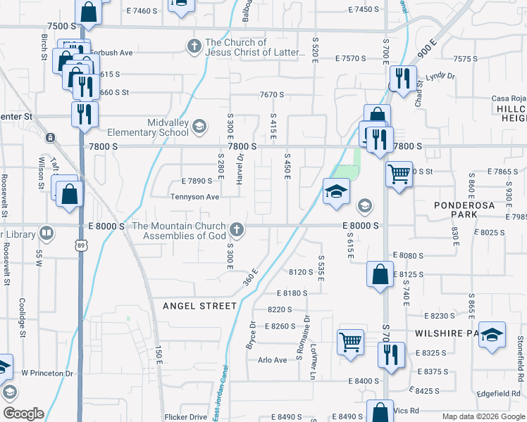 map of restaurants, bars, coffee shops, grocery stores, and more near 393 Corral Creek Drive in Midvale