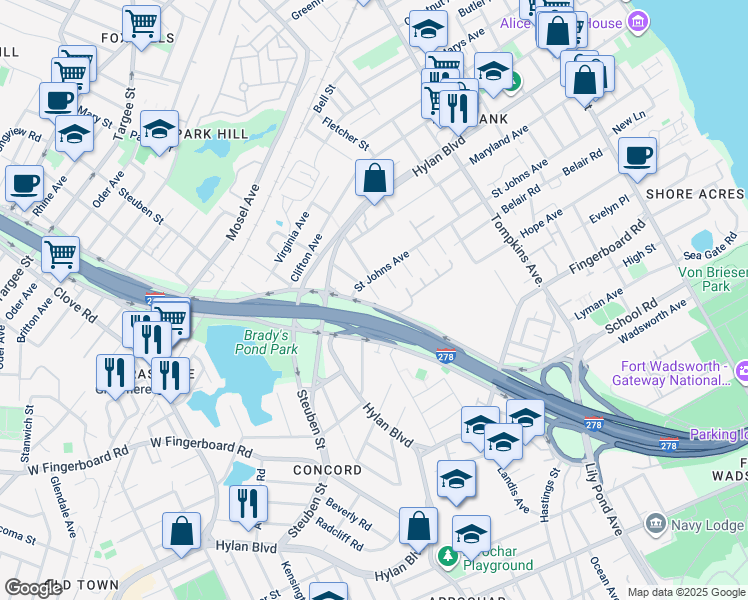 map of restaurants, bars, coffee shops, grocery stores, and more near 185 Narrows Road South in Staten Island