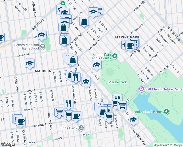 map of restaurants, bars, coffee shops, grocery stores, and more near 1922 Stuart Street in Brooklyn