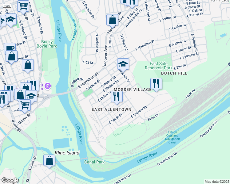 map of restaurants, bars, coffee shops, grocery stores, and more near 270 East Union Street in Allentown