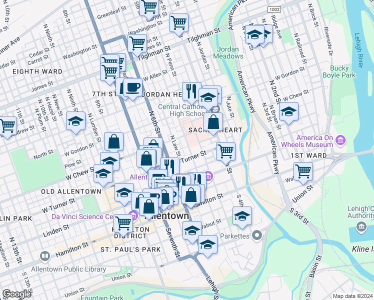 map of restaurants, bars, coffee shops, grocery stores, and more near 218 North 5th Street in Allentown