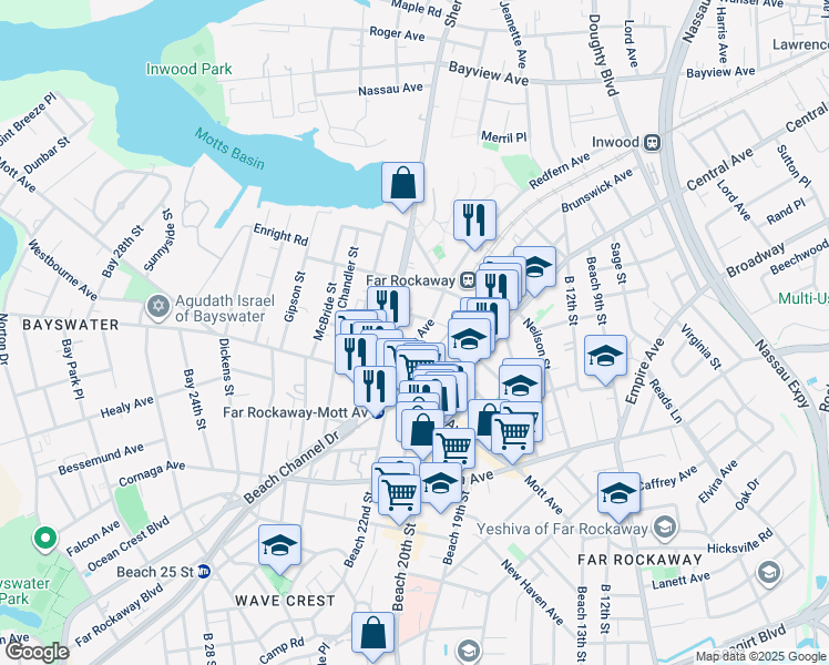 map of restaurants, bars, coffee shops, grocery stores, and more near 17-16 Redfern Avenue in Queens
