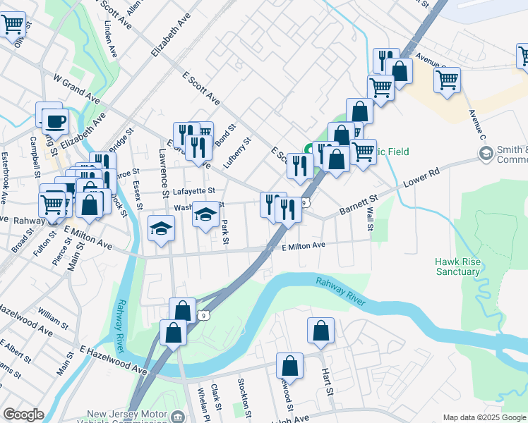 map of restaurants, bars, coffee shops, grocery stores, and more near 1860 Paterson Street in Rahway