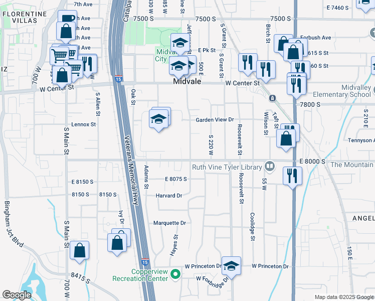 map of restaurants, bars, coffee shops, grocery stores, and more near 7976 South Pioneer Street in Midvale