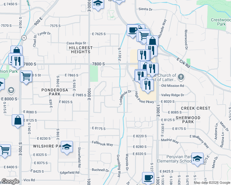 map of restaurants, bars, coffee shops, grocery stores, and more near 7975 Showcase Lane in Sandy