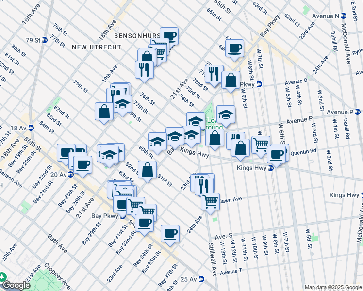 map of restaurants, bars, coffee shops, grocery stores, and more near 7705 Bay Parkway in Brooklyn