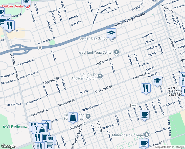 map of restaurants, bars, coffee shops, grocery stores, and more near 1018 North Glenwood Street in Allentown