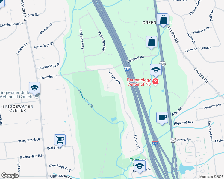 map of restaurants, bars, coffee shops, grocery stores, and more near 9 Fairway Court in Bridgewater Township