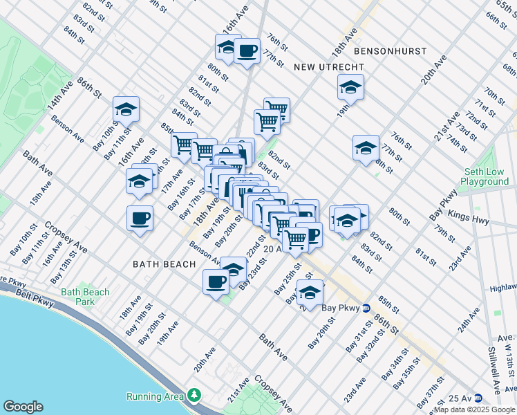 map of restaurants, bars, coffee shops, grocery stores, and more near 1863 86th Street in Brooklyn