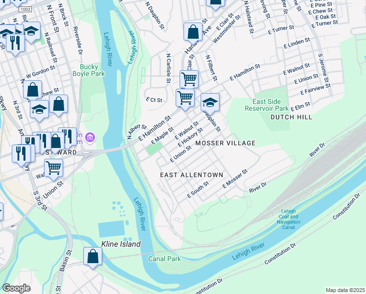 map of restaurants, bars, coffee shops, grocery stores, and more near 233 East Union Street in Allentown