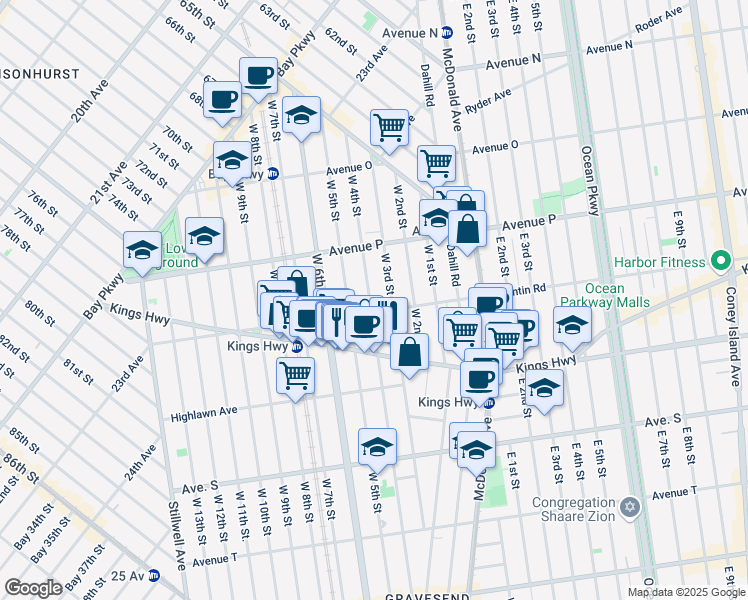 map of restaurants, bars, coffee shops, grocery stores, and more near 1671 West 4th Street in Brooklyn