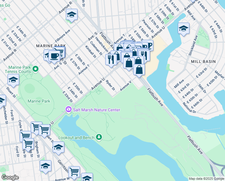 map of restaurants, bars, coffee shops, grocery stores, and more near 2264 Ryder Street in Brooklyn