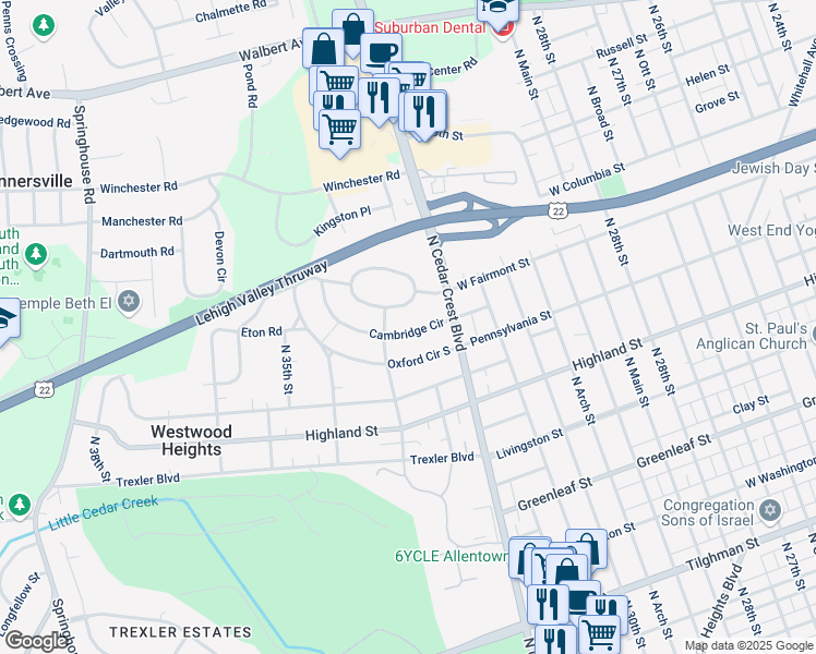 map of restaurants, bars, coffee shops, grocery stores, and more near 3205 Cambridge Circle in Allentown