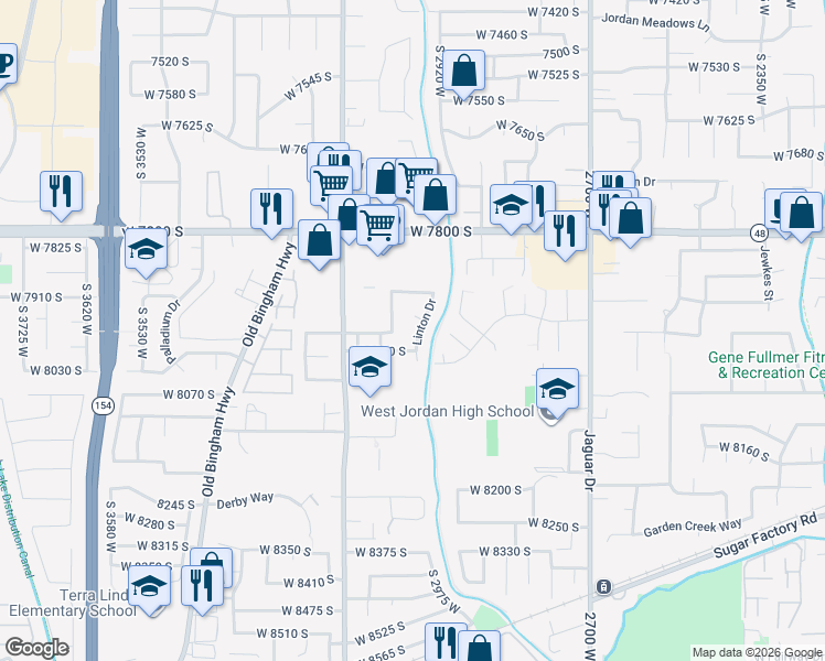 map of restaurants, bars, coffee shops, grocery stores, and more near 7966 Linton Drive in West Jordan