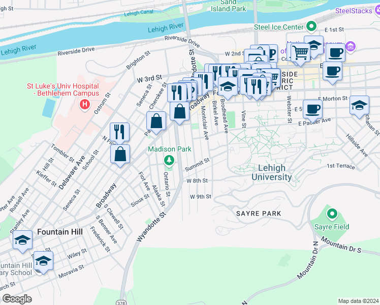 map of restaurants, bars, coffee shops, grocery stores, and more near 528 Carlton Avenue in Bethlehem