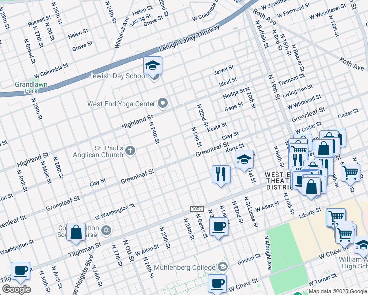 map of restaurants, bars, coffee shops, grocery stores, and more near 920 North 23rd Street in Allentown
