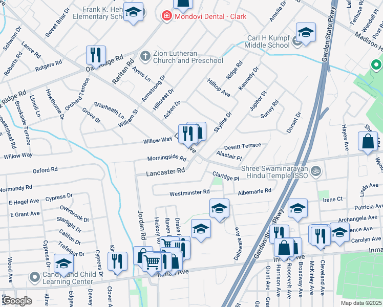 map of restaurants, bars, coffee shops, grocery stores, and more near 439 Lake Avenue in Woodbridge Township