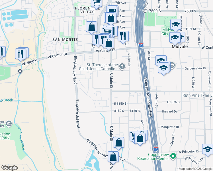 map of restaurants, bars, coffee shops, grocery stores, and more near 712-730 Wasatch Street in Midvale