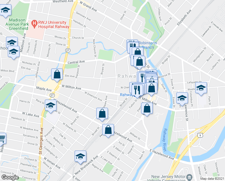 map of restaurants, bars, coffee shops, grocery stores, and more near 125 W Milton Ave in Rahway