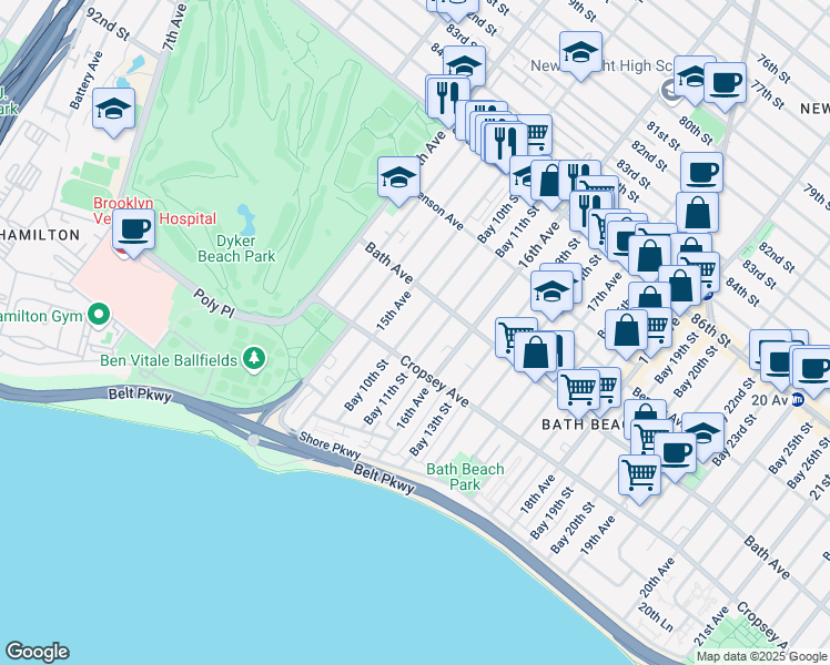 map of restaurants, bars, coffee shops, grocery stores, and more near 217 Bay 10th Street in Brooklyn