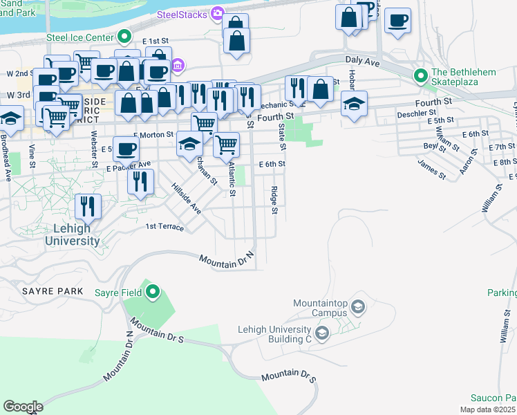 map of restaurants, bars, coffee shops, grocery stores, and more near 701 Hayes St in Bethlehem