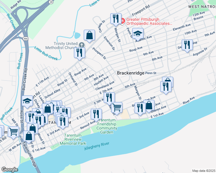 map of restaurants, bars, coffee shops, grocery stores, and more near 836 Cleveland Avenue in Brackenridge