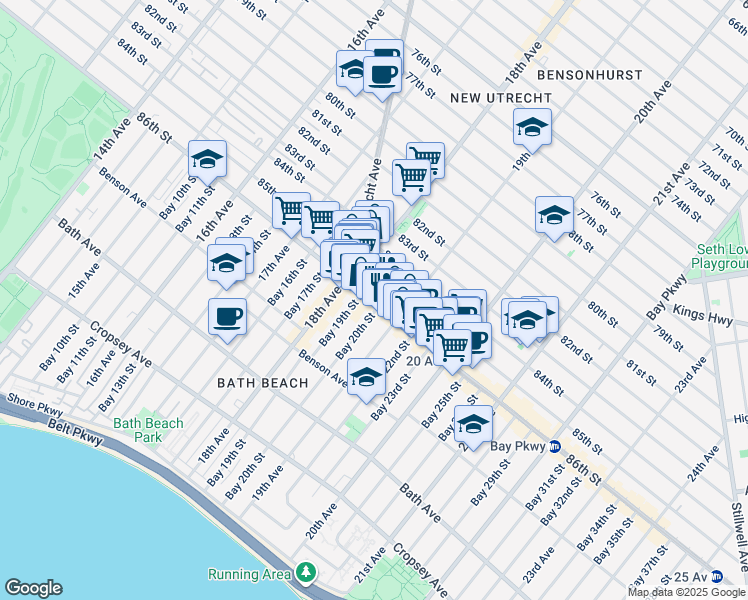 map of restaurants, bars, coffee shops, grocery stores, and more near 1863 86th Street in Brooklyn