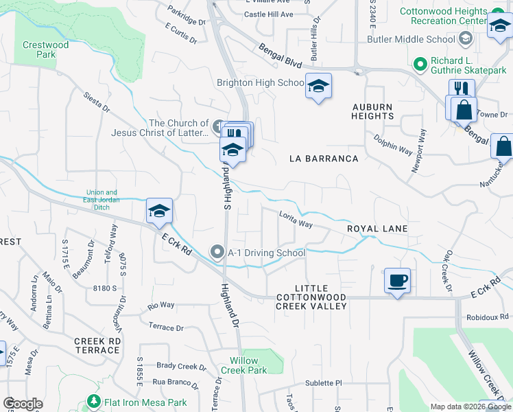 map of restaurants, bars, coffee shops, grocery stores, and more near 7960 Willow Stream Drive in Sandy