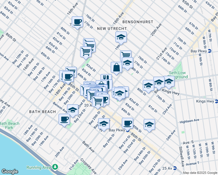 map of restaurants, bars, coffee shops, grocery stores, and more near 8214 20th Avenue in Brooklyn