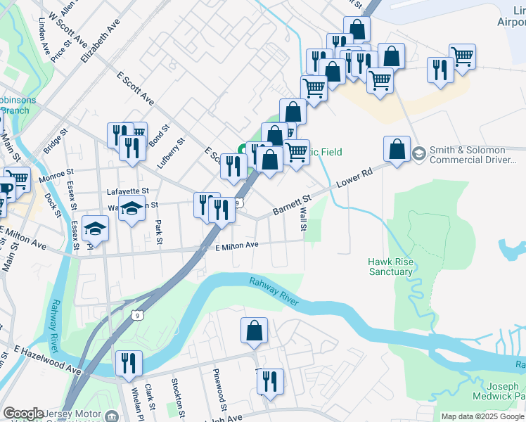 map of restaurants, bars, coffee shops, grocery stores, and more near 2025 Barnett Street in Rahway