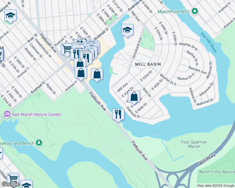 map of restaurants, bars, coffee shops, grocery stores, and more near 2795 Mill Avenue in Brooklyn