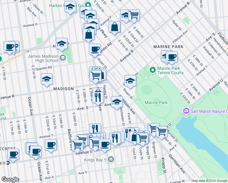 map of restaurants, bars, coffee shops, grocery stores, and more near 1886 Gerritsen Avenue in Brooklyn