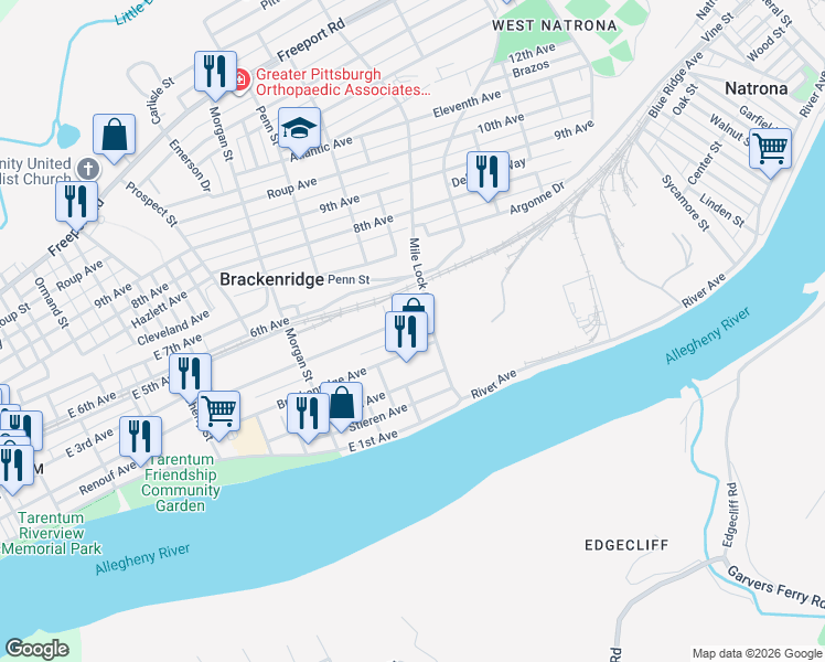 map of restaurants, bars, coffee shops, grocery stores, and more near 1117 Orchard Way in Brackenridge