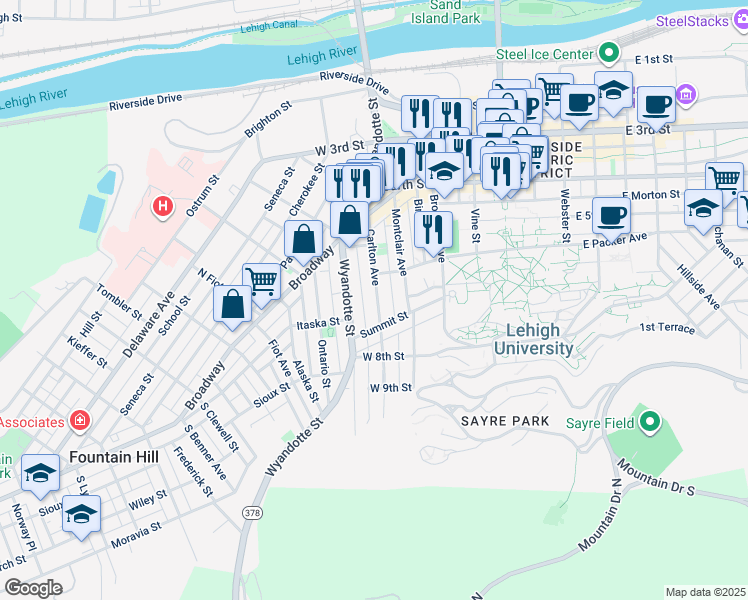 map of restaurants, bars, coffee shops, grocery stores, and more near 528 Carlton Avenue in Bethlehem