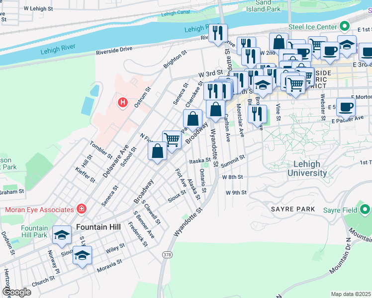 map of restaurants, bars, coffee shops, grocery stores, and more near 539 Jischke Street in Bethlehem