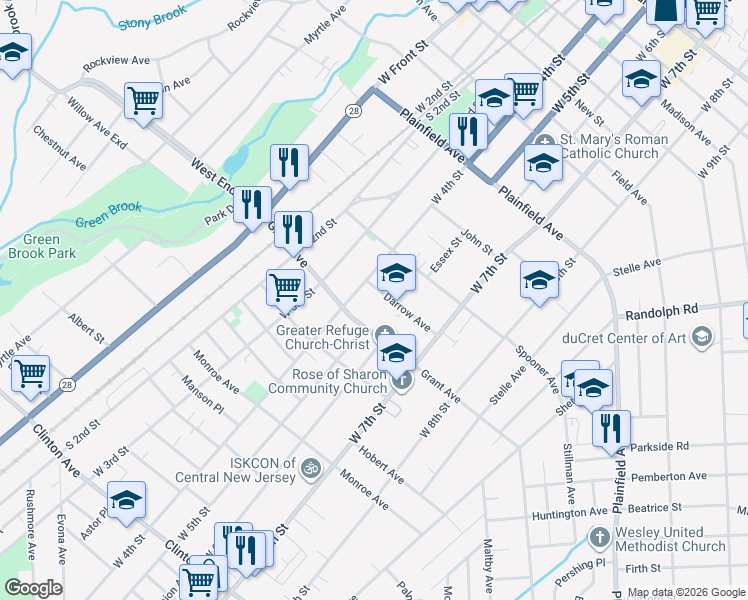 map of restaurants, bars, coffee shops, grocery stores, and more near 414 Darrow Avenue in Plainfield