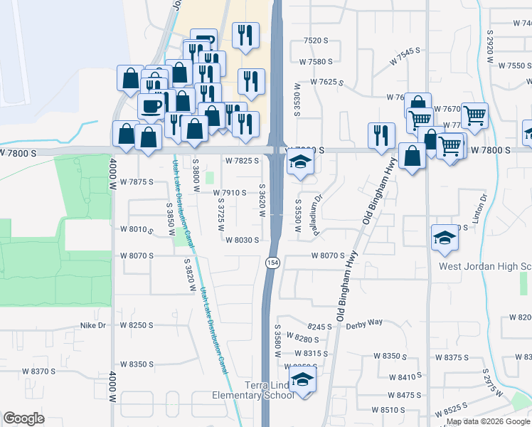 map of restaurants, bars, coffee shops, grocery stores, and more near 7957 South 3620 West in West Jordan