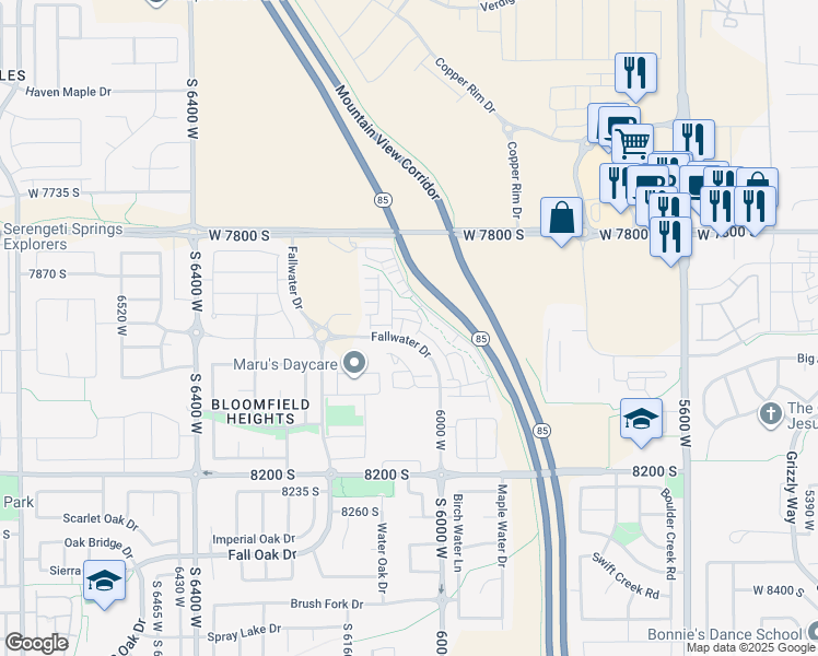 map of restaurants, bars, coffee shops, grocery stores, and more near 6053 7940 South in West Jordan