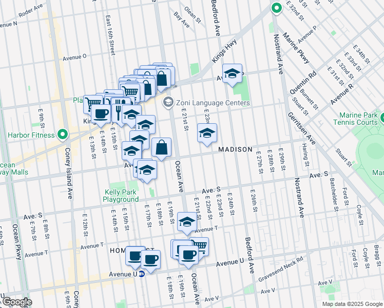map of restaurants, bars, coffee shops, grocery stores, and more near 2103 Avenue R in Brooklyn
