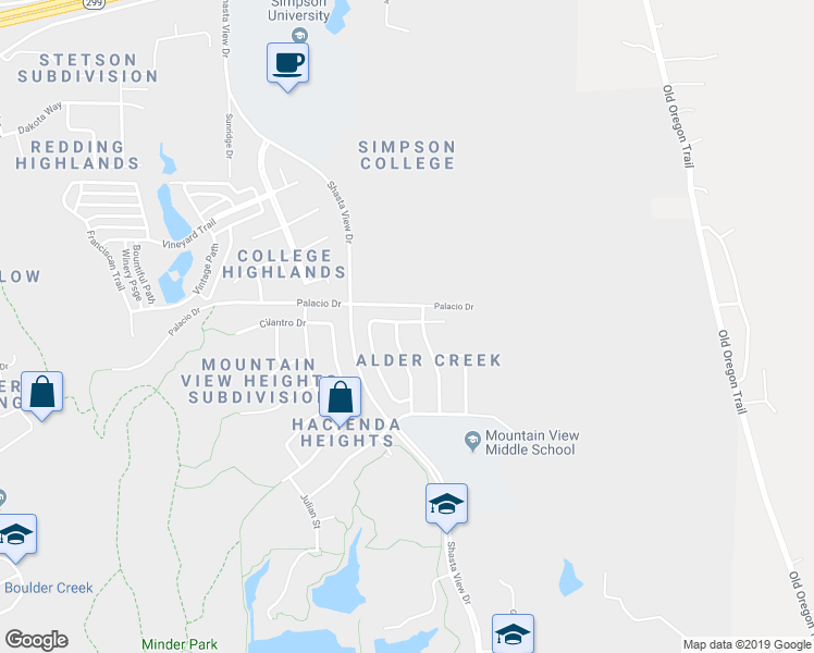 map of restaurants, bars, coffee shops, grocery stores, and more near 513 Centavo Way in Redding
