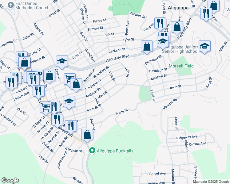 map of restaurants, bars, coffee shops, grocery stores, and more near 1714 Irwin Street in Aliquippa