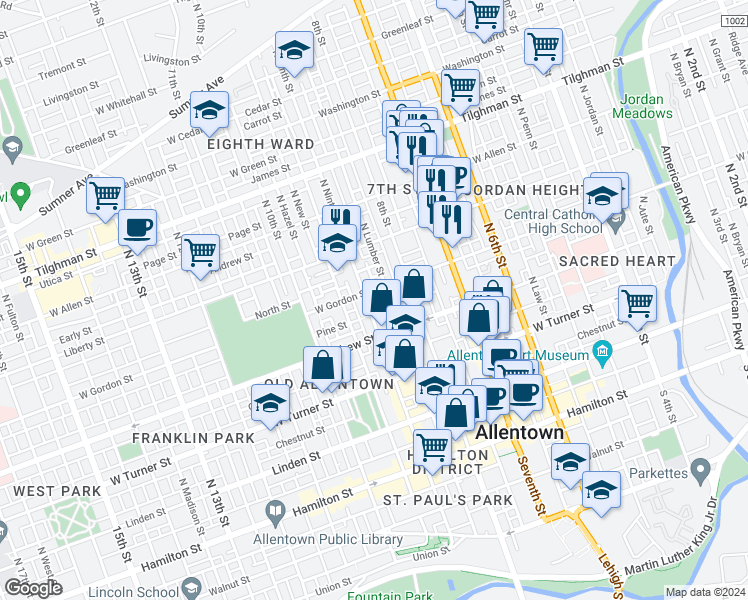 map of restaurants, bars, coffee shops, grocery stores, and more near 341 North 9th Street in Allentown