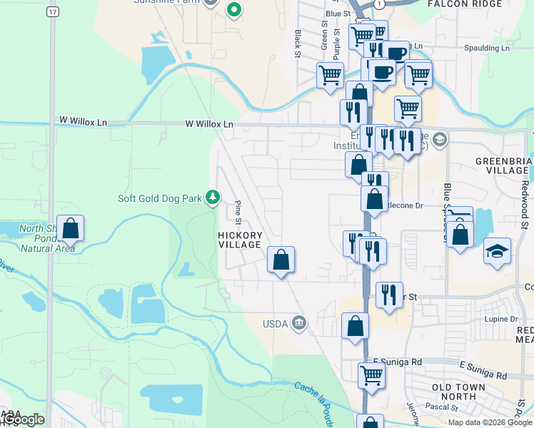 map of restaurants, bars, coffee shops, grocery stores, and more near 1601 North College Avenue in Fort Collins