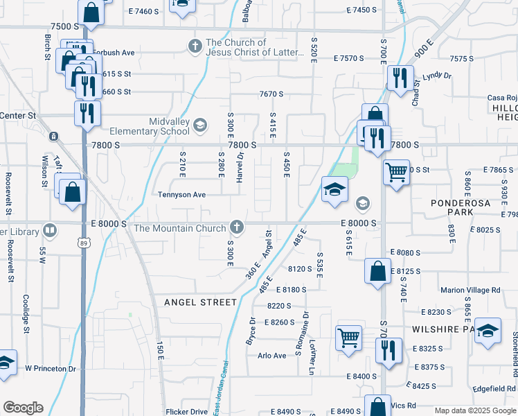 map of restaurants, bars, coffee shops, grocery stores, and more near 7964 Farm House Lane in Midvale