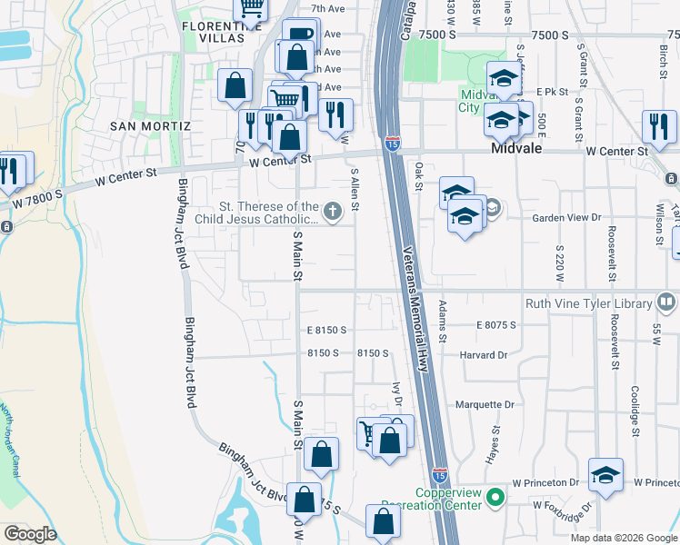 map of restaurants, bars, coffee shops, grocery stores, and more near 639 West Allen Cove in Midvale