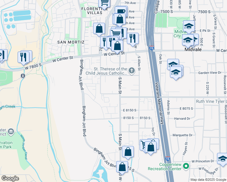 map of restaurants, bars, coffee shops, grocery stores, and more near in Midvale