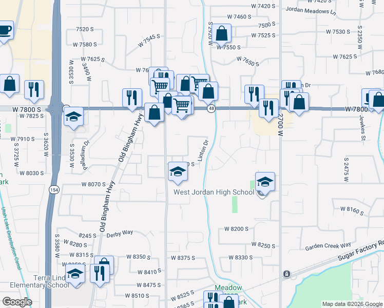 map of restaurants, bars, coffee shops, grocery stores, and more near 7972 Linton Drive in West Jordan